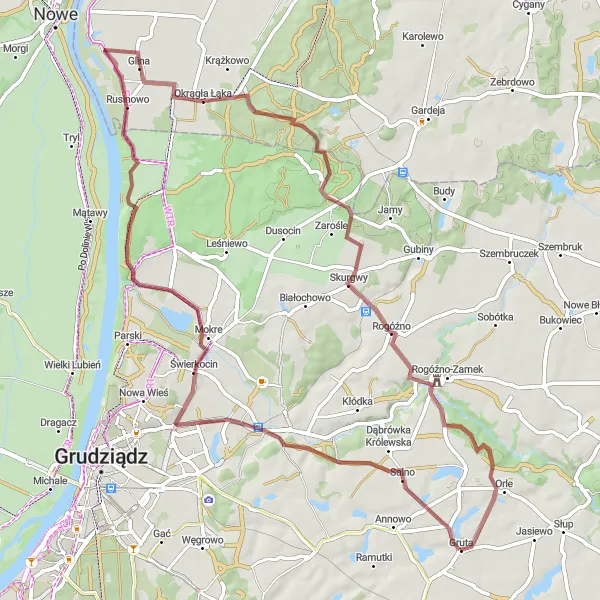 Map miniature of "Gruta Gravel" cycling inspiration in Kujawsko-pomorskie, Poland. Generated by Tarmacs.app cycling route planner