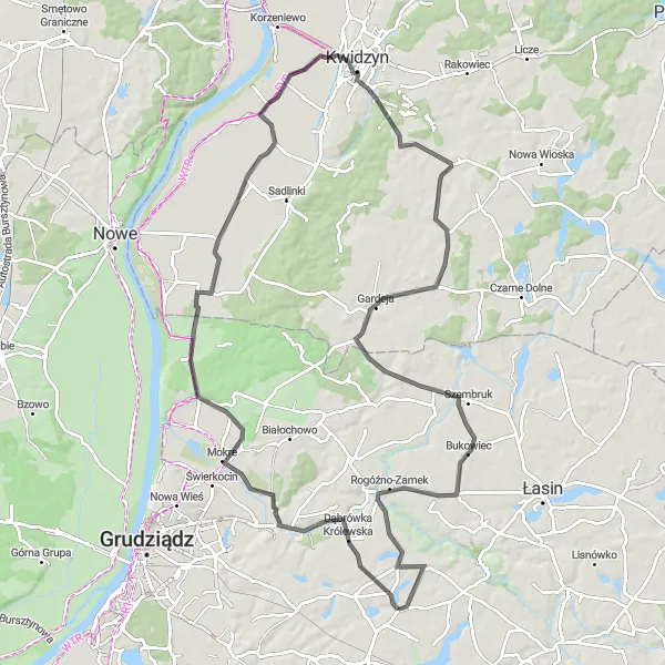 Map miniature of "The Lisie Kąty Loop" cycling inspiration in Kujawsko-pomorskie, Poland. Generated by Tarmacs.app cycling route planner