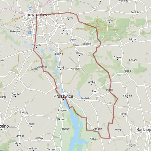 Map miniature of "The Janocin Loop" cycling inspiration in Kujawsko-pomorskie, Poland. Generated by Tarmacs.app cycling route planner