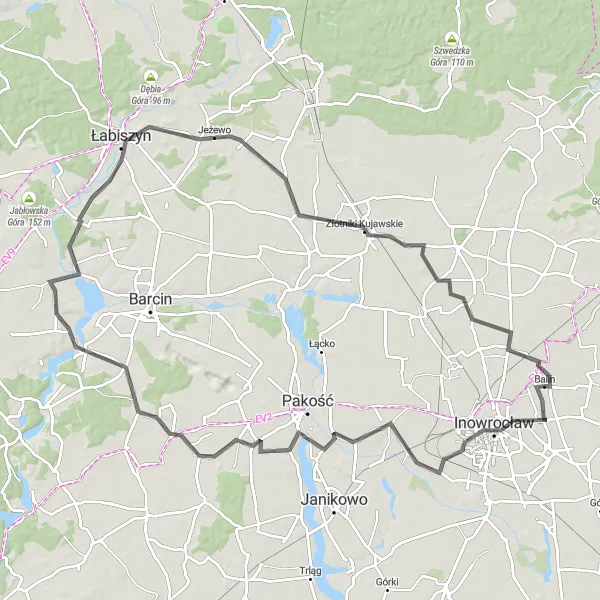 Map miniature of "Inowrocław to Inowrocław - The Kujawsko-Pomorskie Tour" cycling inspiration in Kujawsko-pomorskie, Poland. Generated by Tarmacs.app cycling route planner