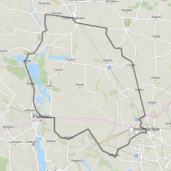 Map miniature of "Inowrocław to Jordanowo - The Countryside Escape" cycling inspiration in Kujawsko-pomorskie, Poland. Generated by Tarmacs.app cycling route planner