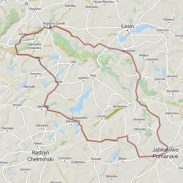 Map miniature of "The Bursztynowo Gravel Loop" cycling inspiration in Kujawsko-pomorskie, Poland. Generated by Tarmacs.app cycling route planner