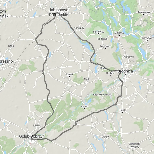 Map miniature of "Discover Gorczeniczka and Łobdowo by Road" cycling inspiration in Kujawsko-pomorskie, Poland. Generated by Tarmacs.app cycling route planner