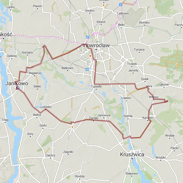 Map miniature of "Janikowo- Rożniaty Loop" cycling inspiration in Kujawsko-pomorskie, Poland. Generated by Tarmacs.app cycling route planner