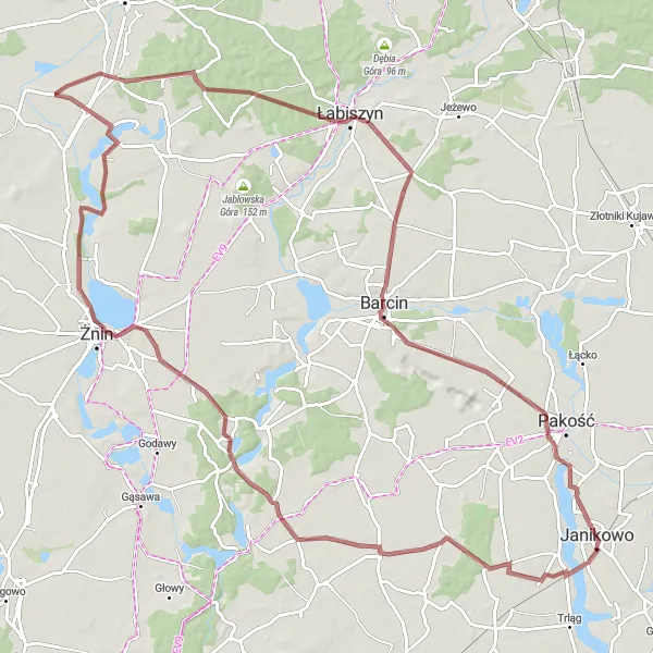 Map miniature of "Mierucin Gravel Escape" cycling inspiration in Kujawsko-pomorskie, Poland. Generated by Tarmacs.app cycling route planner