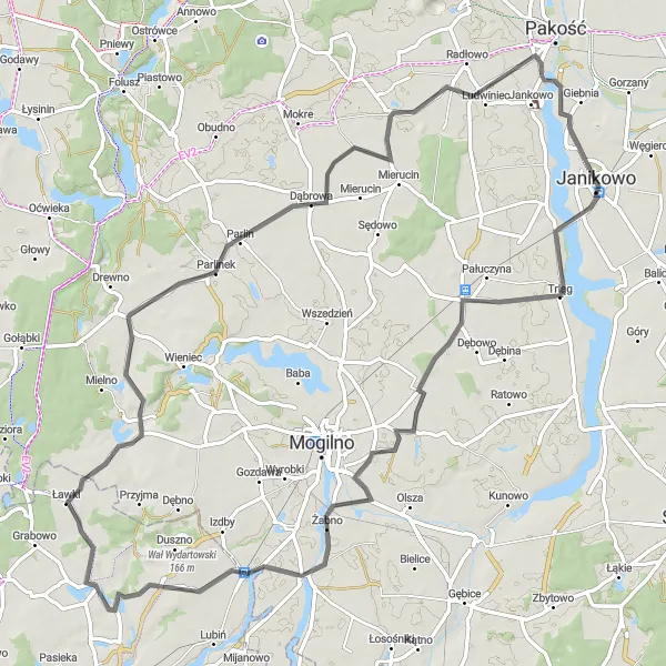 Map miniature of "Wydartowo- Janikowo Scenic Route" cycling inspiration in Kujawsko-pomorskie, Poland. Generated by Tarmacs.app cycling route planner