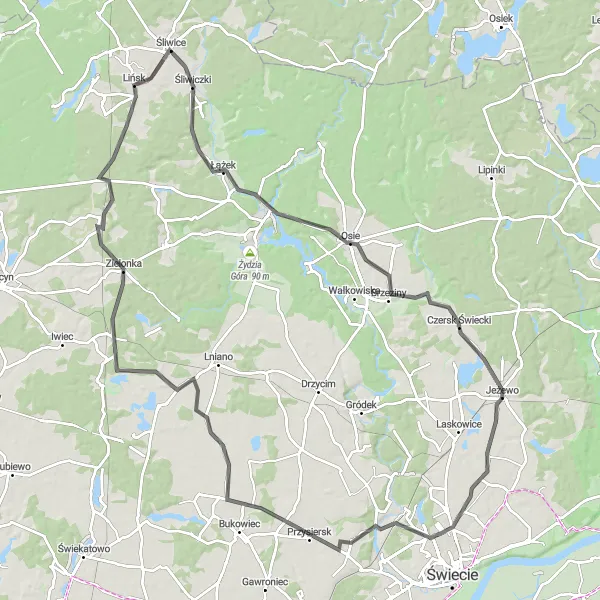 Map miniature of "Jeżewo to Jaszcz Loop" cycling inspiration in Kujawsko-pomorskie, Poland. Generated by Tarmacs.app cycling route planner