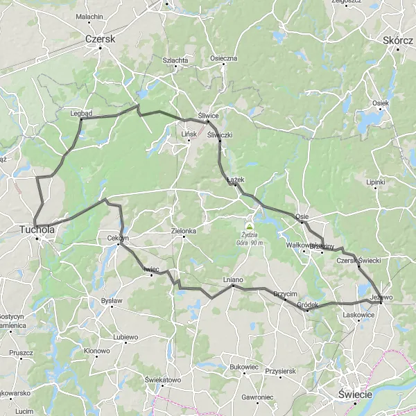 Miniatura mapy "Szlak przez Drzycim i Śliwice" - trasy rowerowej w Kujawsko-pomorskie, Poland. Wygenerowane przez planer tras rowerowych Tarmacs.app