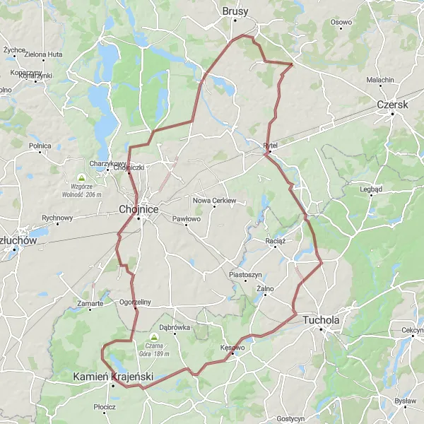 Map miniature of "Kamień Krajeński Gravel Adventure" cycling inspiration in Kujawsko-pomorskie, Poland. Generated by Tarmacs.app cycling route planner