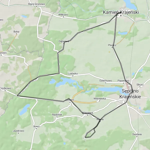 Map miniature of "The Kamień Krajeński Road Loop" cycling inspiration in Kujawsko-pomorskie, Poland. Generated by Tarmacs.app cycling route planner