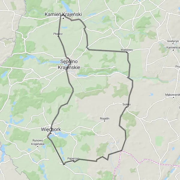 Map miniature of "Kamień Krajeński Loop" cycling inspiration in Kujawsko-pomorskie, Poland. Generated by Tarmacs.app cycling route planner