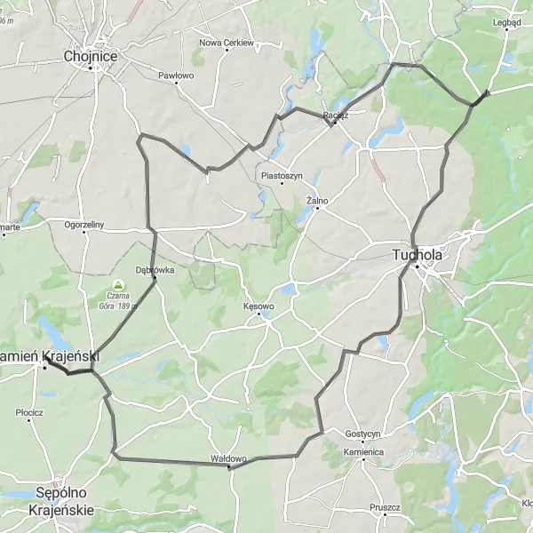 Map miniature of "Kamień Krajeński Loop" cycling inspiration in Kujawsko-pomorskie, Poland. Generated by Tarmacs.app cycling route planner