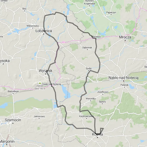 Map miniature of "Kcynia Round Trip" cycling inspiration in Kujawsko-pomorskie, Poland. Generated by Tarmacs.app cycling route planner