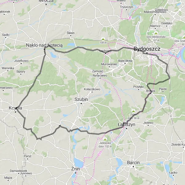 Map miniature of "Kcynia Adventure Tour" cycling inspiration in Kujawsko-pomorskie, Poland. Generated by Tarmacs.app cycling route planner