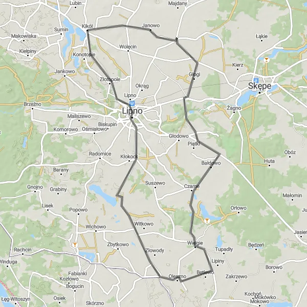 Map miniature of "Lakeside Route" cycling inspiration in Kujawsko-pomorskie, Poland. Generated by Tarmacs.app cycling route planner