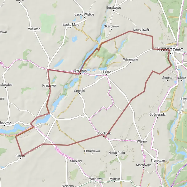 Map miniature of "Gravel Cycling Route from Koronowo to Byszewo" cycling inspiration in Kujawsko-pomorskie, Poland. Generated by Tarmacs.app cycling route planner