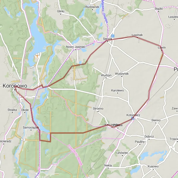 Map miniature of "Serock to Koronowo Gravel Adventure" cycling inspiration in Kujawsko-pomorskie, Poland. Generated by Tarmacs.app cycling route planner