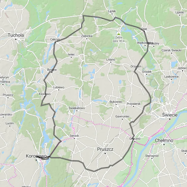 Miniatura mapy "Road Tour nad Zalewem Koronowskim" - trasy rowerowej w Kujawsko-pomorskie, Poland. Wygenerowane przez planer tras rowerowych Tarmacs.app