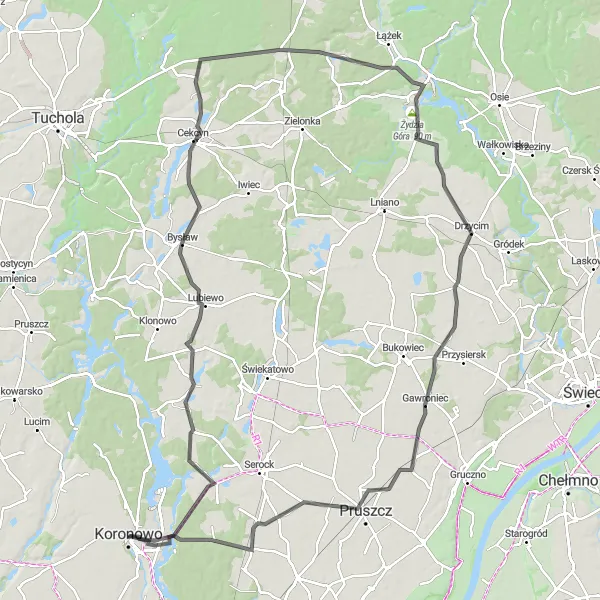 Map miniature of "Exploring Wudzyn and Tleń" cycling inspiration in Kujawsko-pomorskie, Poland. Generated by Tarmacs.app cycling route planner