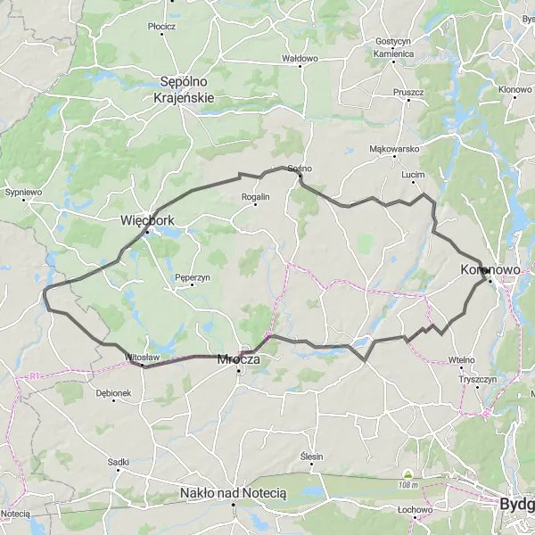 Map miniature of "Koronowo Loop Road Adventure" cycling inspiration in Kujawsko-pomorskie, Poland. Generated by Tarmacs.app cycling route planner