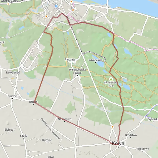 Map miniature of "Kowal Nakonowo Gravel Ride" cycling inspiration in Kujawsko-pomorskie, Poland. Generated by Tarmacs.app cycling route planner