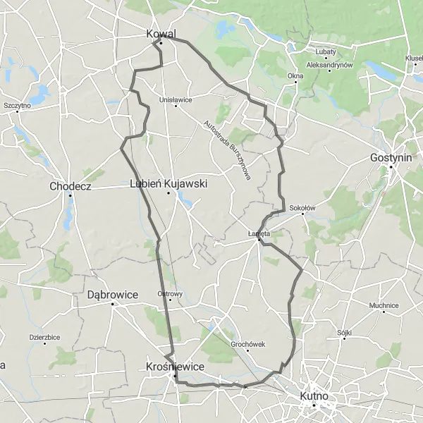 Map miniature of "Kowal Baruchowo Loop" cycling inspiration in Kujawsko-pomorskie, Poland. Generated by Tarmacs.app cycling route planner