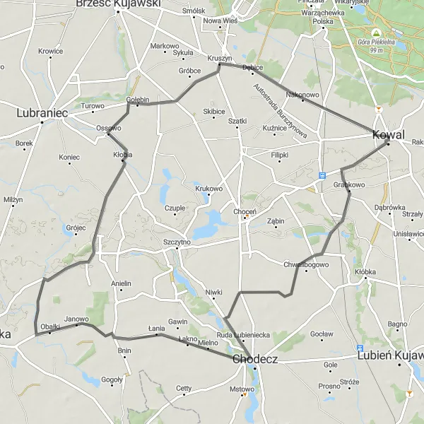 Map miniature of "Kowal to Kłobia Road Route" cycling inspiration in Kujawsko-pomorskie, Poland. Generated by Tarmacs.app cycling route planner