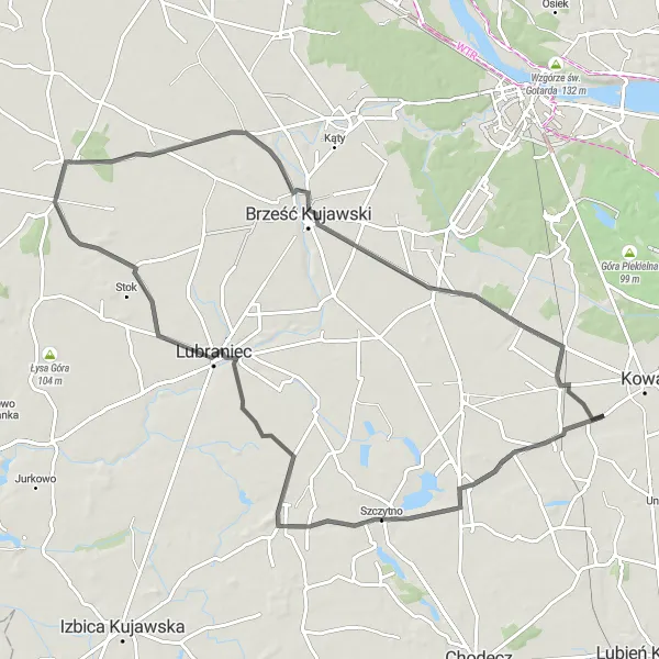 Map miniature of "Kowal - Łąki Markowe - Osięciny - Dębice - Świerkowo - Kowal" cycling inspiration in Kujawsko-pomorskie, Poland. Generated by Tarmacs.app cycling route planner
