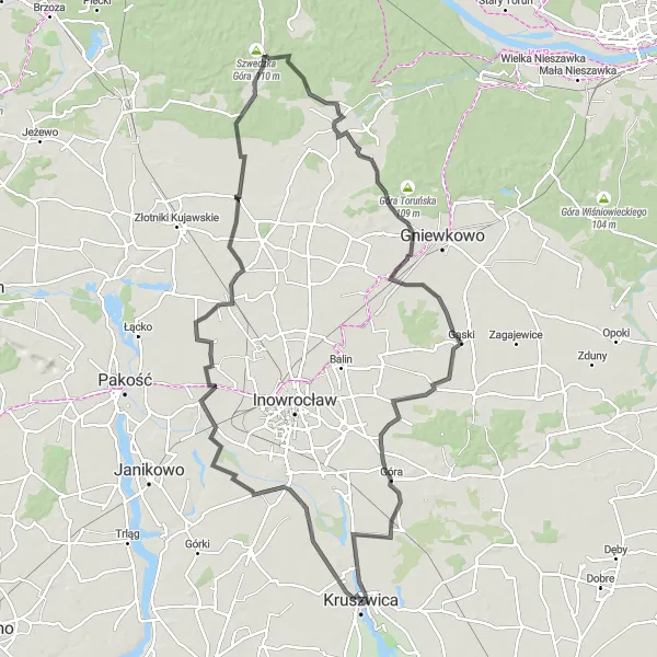 Map miniature of "Kruszwica Road Adventure" cycling inspiration in Kujawsko-pomorskie, Poland. Generated by Tarmacs.app cycling route planner
