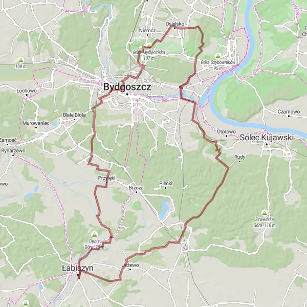 Map miniature of "Gravel Adventure" cycling inspiration in Kujawsko-pomorskie, Poland. Generated by Tarmacs.app cycling route planner