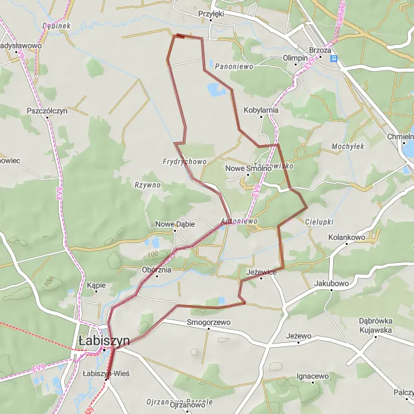 Map miniature of "Exploring Obórznia and Jeżewice" cycling inspiration in Kujawsko-pomorskie, Poland. Generated by Tarmacs.app cycling route planner