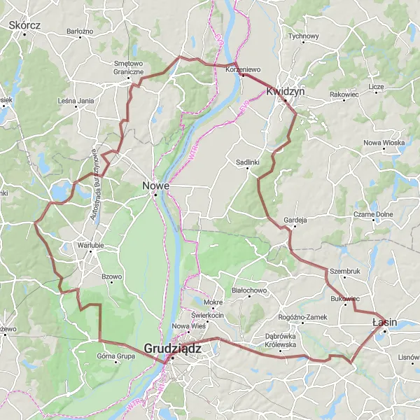 Map miniature of "Łasin-Salno-Grudziądz-Rulewo-Lalkowy-Kwidzyn-Gardeja-Bukowiec Gravel Route" cycling inspiration in Kujawsko-pomorskie, Poland. Generated by Tarmacs.app cycling route planner