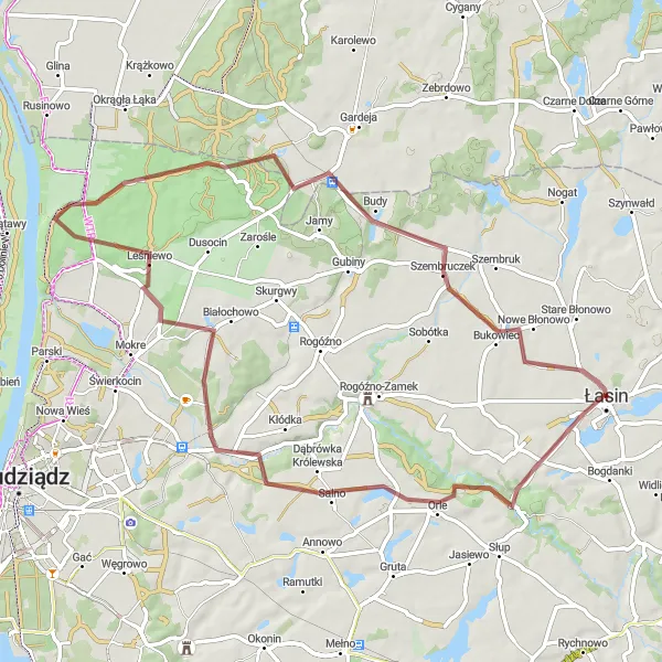 Map miniature of "Gravel Adventure through Forests and Meadows" cycling inspiration in Kujawsko-pomorskie, Poland. Generated by Tarmacs.app cycling route planner