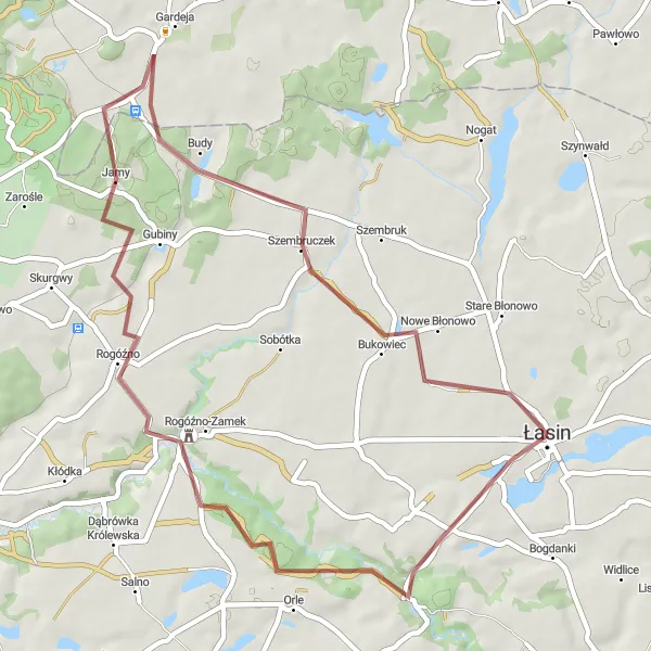 Miniatura mapy "Trasa gravelowa przez Bukowiec i Rogóźno-Zamek" - trasy rowerowej w Kujawsko-pomorskie, Poland. Wygenerowane przez planer tras rowerowych Tarmacs.app