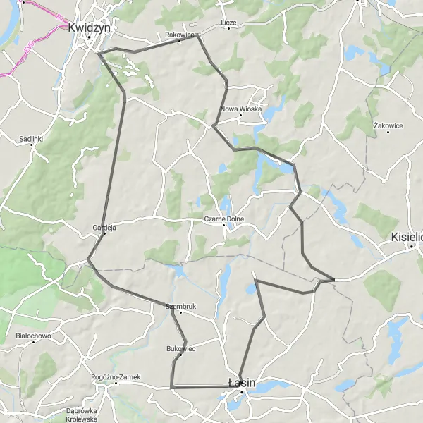 Map miniature of "Charming Villages and Scenic Countryside" cycling inspiration in Kujawsko-pomorskie, Poland. Generated by Tarmacs.app cycling route planner