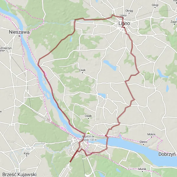 Map miniature of "Gravel Cycling Adventure from Lipno to Brzeźno" cycling inspiration in Kujawsko-pomorskie, Poland. Generated by Tarmacs.app cycling route planner