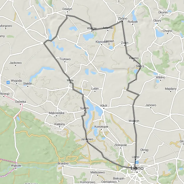 Miniatura mapy "Przejażdżka wśród lasów i pól" - trasy rowerowej w Kujawsko-pomorskie, Poland. Wygenerowane przez planer tras rowerowych Tarmacs.app