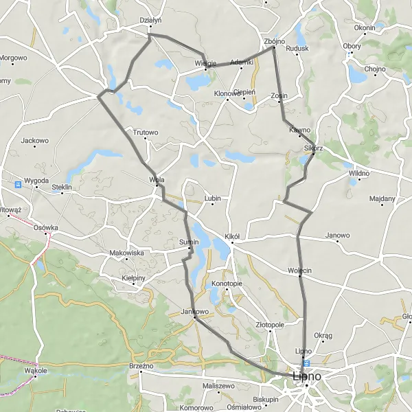 Map miniature of "Road Cycling Route from Lipno to Mazowsze" cycling inspiration in Kujawsko-pomorskie, Poland. Generated by Tarmacs.app cycling route planner