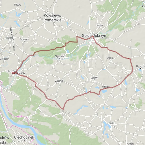 Map miniature of "Lubicz Dolny and Surroundings" cycling inspiration in Kujawsko-pomorskie, Poland. Generated by Tarmacs.app cycling route planner