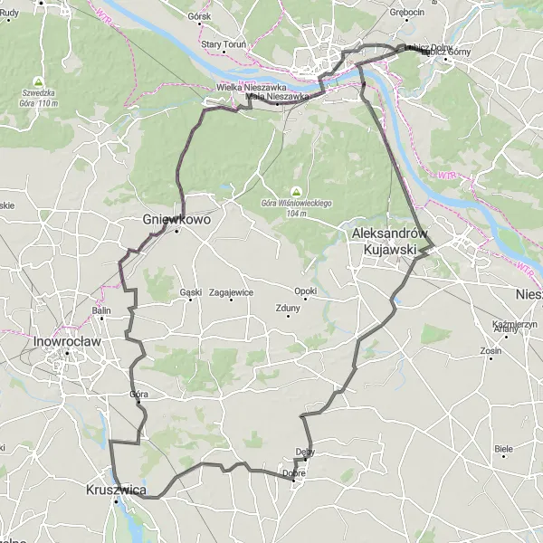 Map miniature of "Long Road Adventure" cycling inspiration in Kujawsko-pomorskie, Poland. Generated by Tarmacs.app cycling route planner