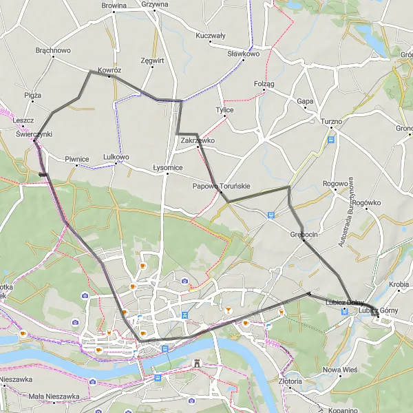 Map miniature of "Road Cycling through Toruń and Grębocin" cycling inspiration in Kujawsko-pomorskie, Poland. Generated by Tarmacs.app cycling route planner