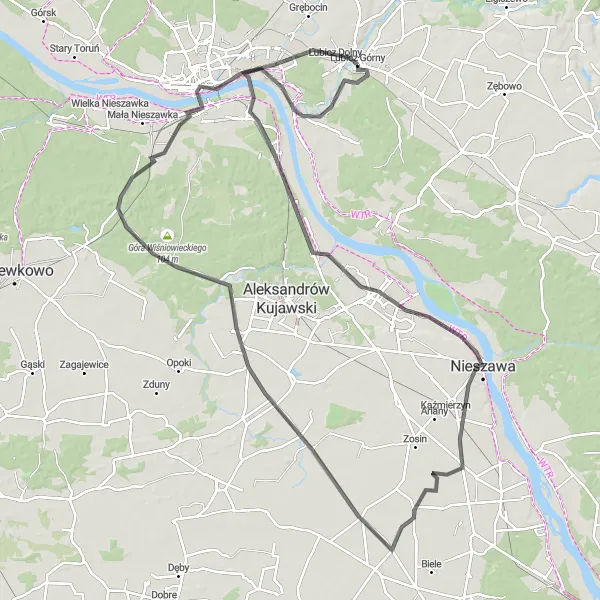 Map miniature of "Lubicz Górny and Złotoria Loop" cycling inspiration in Kujawsko-pomorskie, Poland. Generated by Tarmacs.app cycling route planner