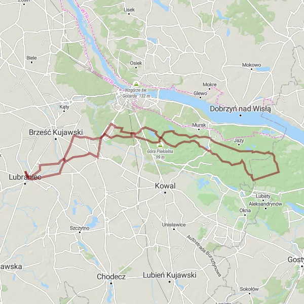 Map miniature of "Kazanie Gravel Adventure" cycling inspiration in Kujawsko-pomorskie, Poland. Generated by Tarmacs.app cycling route planner