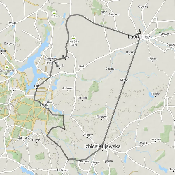 Map miniature of "Orle Loop" cycling inspiration in Kujawsko-pomorskie, Poland. Generated by Tarmacs.app cycling route planner