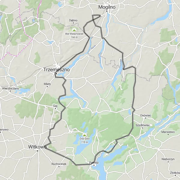 Miniatura mapy "Trasa przez Jezioro Powidzkie i Trzemeszno" - trasy rowerowej w Kujawsko-pomorskie, Poland. Wygenerowane przez planer tras rowerowych Tarmacs.app