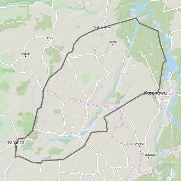 Miniatura mapy "Trasa zaczynająca się niedaleko Mroczy" - trasy rowerowej w Kujawsko-pomorskie, Poland. Wygenerowane przez planer tras rowerowych Tarmacs.app