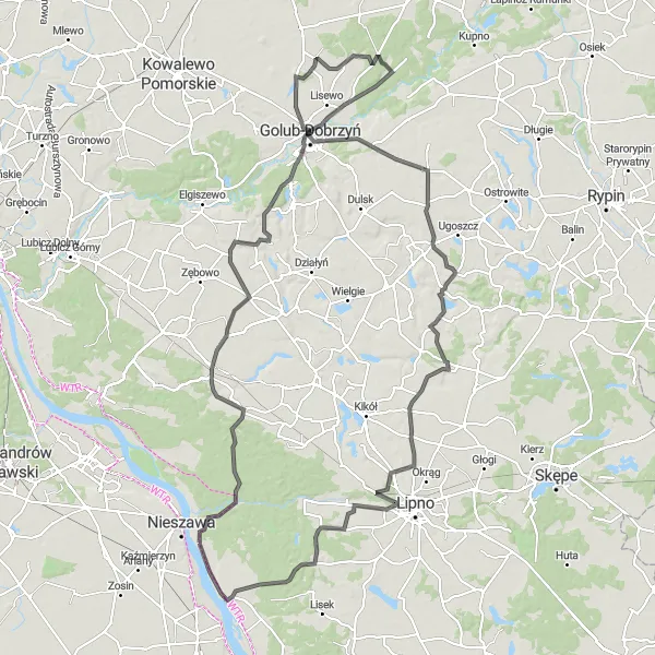 Map miniature of "Czernikowo and Bobrowniki Loop" cycling inspiration in Kujawsko-pomorskie, Poland. Generated by Tarmacs.app cycling route planner