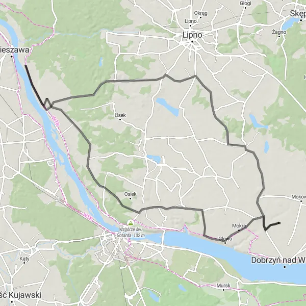 Map miniature of "Bobrowniki Loop" cycling inspiration in Kujawsko-pomorskie, Poland. Generated by Tarmacs.app cycling route planner