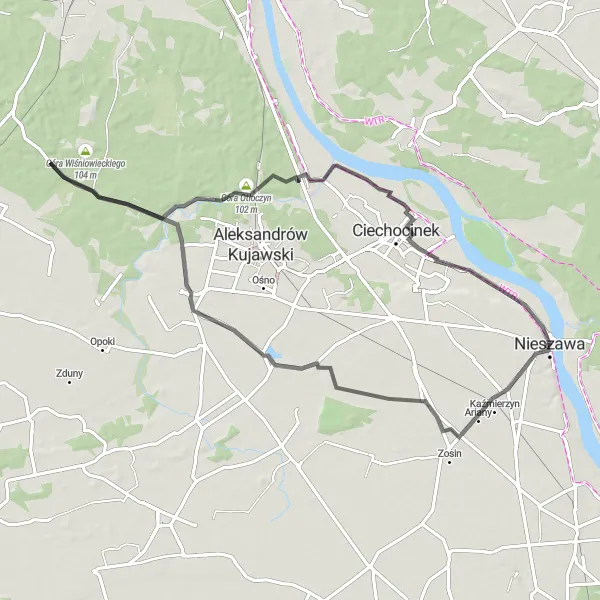 Map miniature of "Nieszawa and Siarzewo Circuit" cycling inspiration in Kujawsko-pomorskie, Poland. Generated by Tarmacs.app cycling route planner