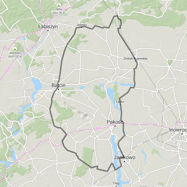 Map miniature of "Giebnia Express" cycling inspiration in Kujawsko-pomorskie, Poland. Generated by Tarmacs.app cycling route planner